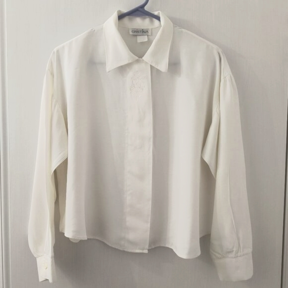 Vintage 80's Business Office Off-White Blouse w/Padded Shoulders - Juniors L